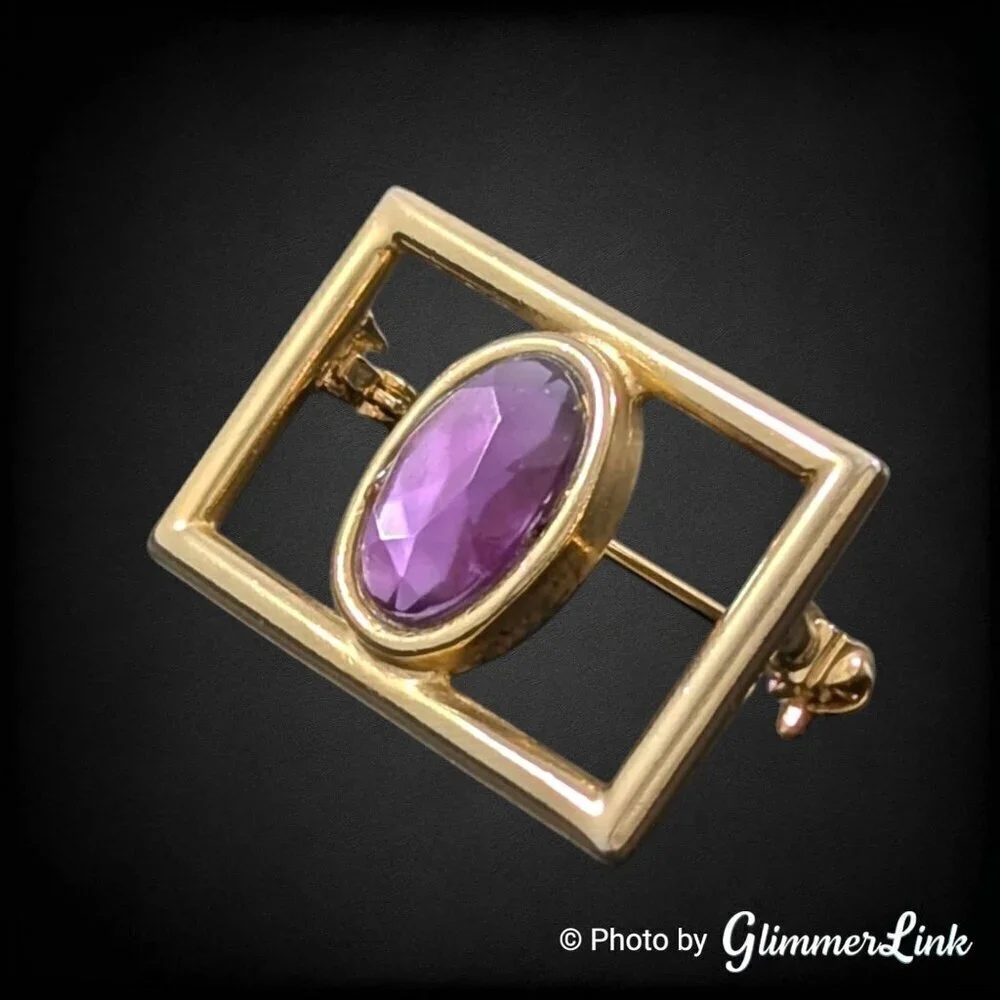 Vintage Art Deco Style Purple Acrylic Stone Openwork Gold Tone Rectangle Brooch